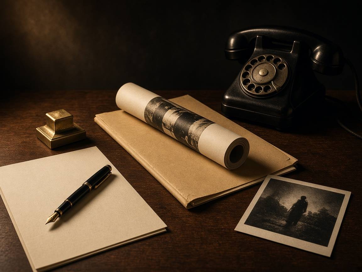 Advertising desk: cream paper, fountain pen, telephone, a rolled film poster, a campaign proof.